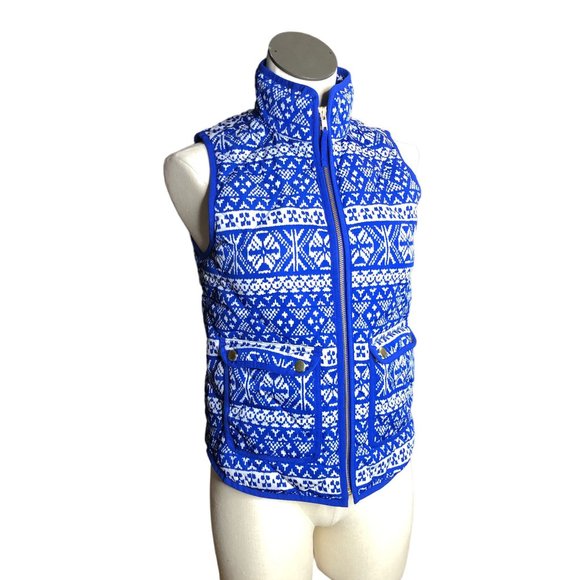 J Crew Puffy Winter Vest Womens PXS Blue White Pockets Fair Isle Excursion Outer - Picture 13 of 15